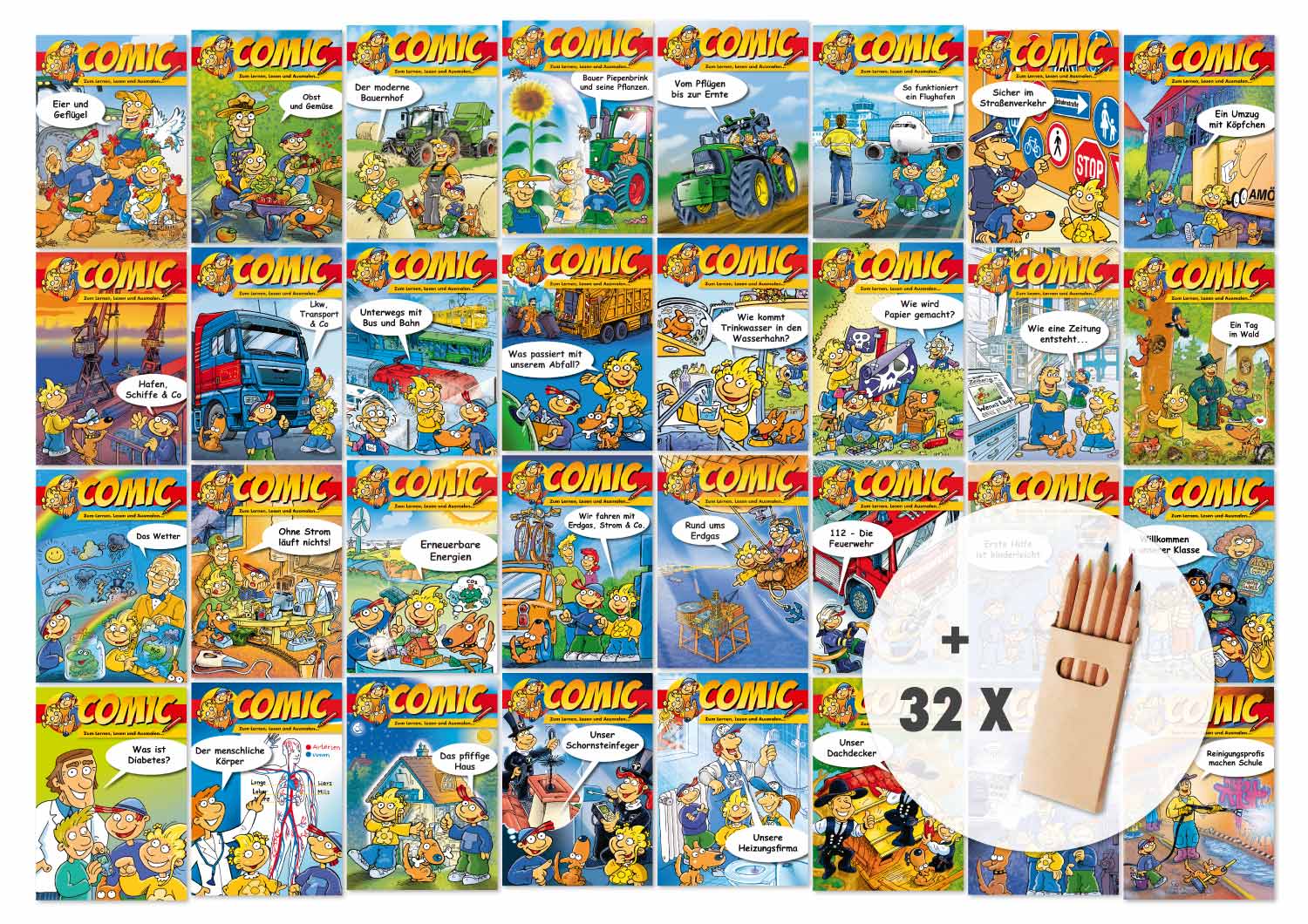 32 Comic-Malheft-Titel als Klassensatz + 32 x 6 kleine Buntstifte im Karton